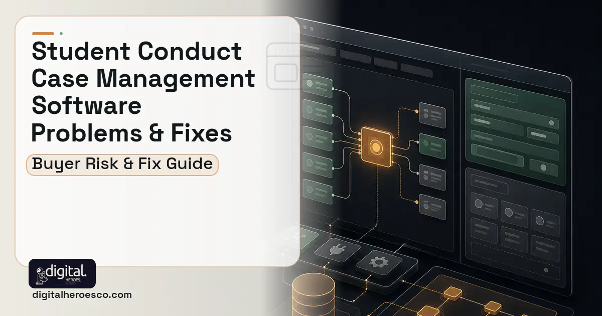 Student Conduct Case Management Software product interface illustration showing common problems and fixes.