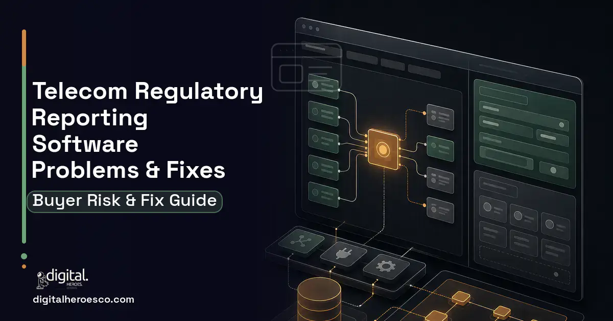 Telecom Regulatory Reporting Software product interface illustration showing common problems and fixes.