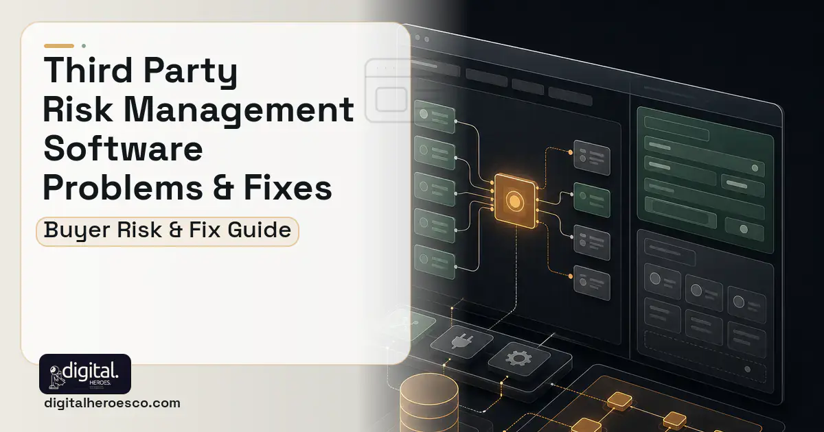 Third Party Risk Management Software product interface illustration showing common problems and fixes.