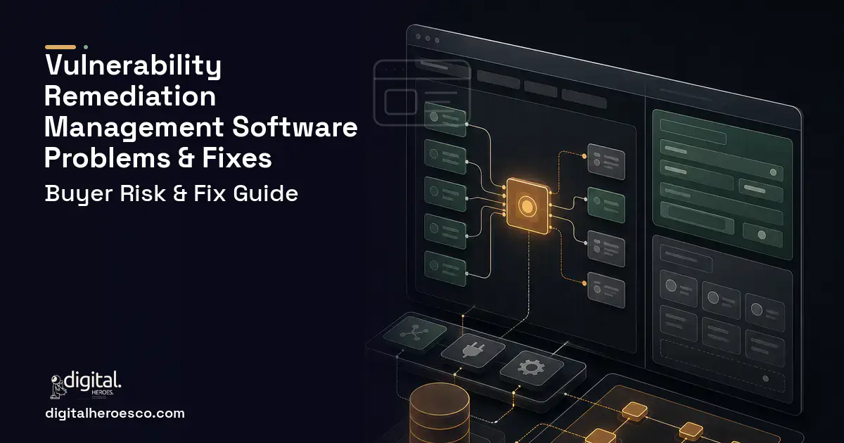 Vulnerability Remediation Management Software product interface illustration showing common problems and fixes.