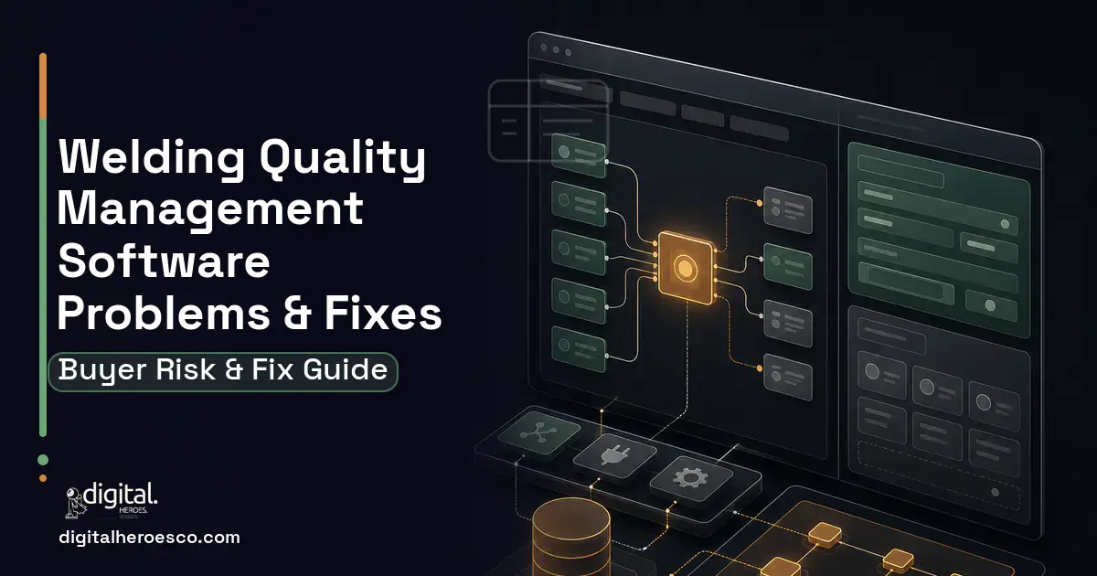 Welding Quality Management Software product interface illustration showing common problems and fixes.