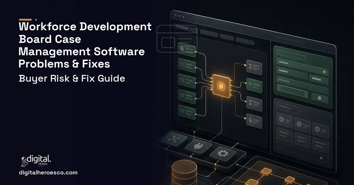 Workforce Development Board Case Management Software product interface illustration showing common problems and fixes.