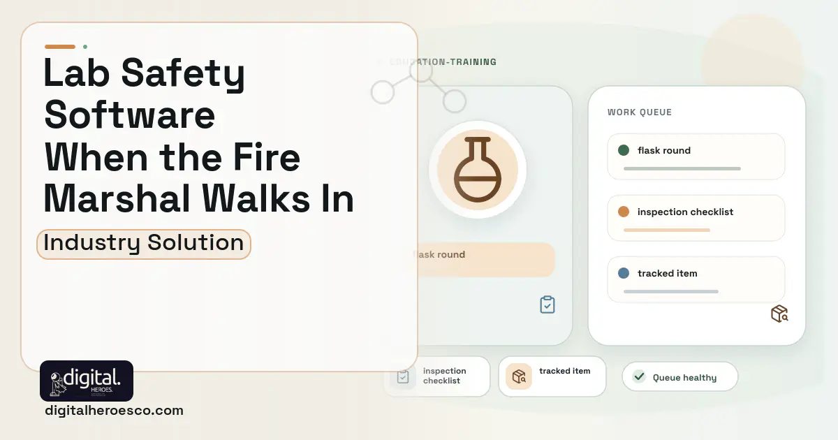 Campus Environmental Health and Safety software visual showing flask round, inspection checklist, and tracked item.