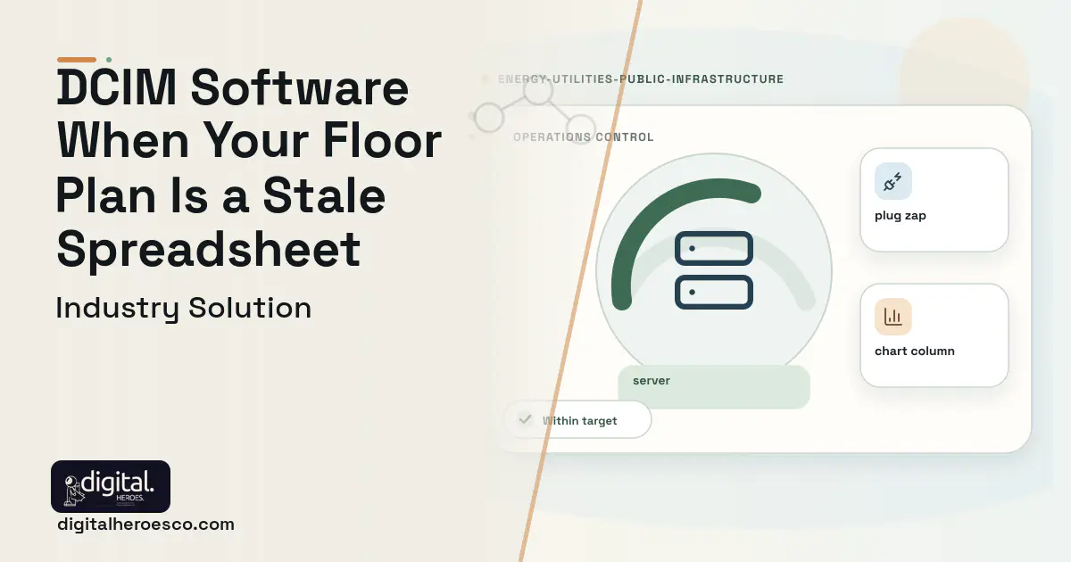 Data Center Infrastructure Management software visual showing server, plug zap, and chart column.