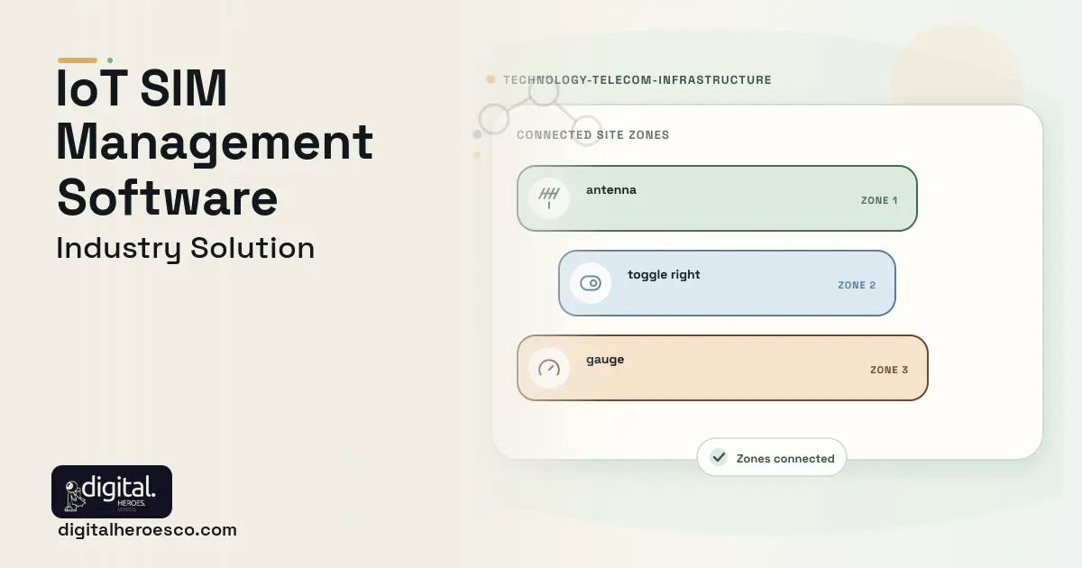 IoT Connectivity Management Platform software visual showing antenna, toggle right, and gauge.