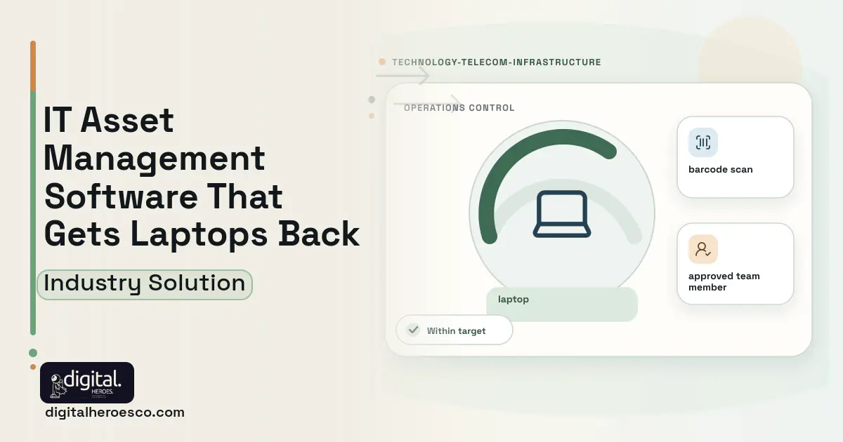IT Asset Management Platform software visual showing laptop, barcode scan, and approved team member.