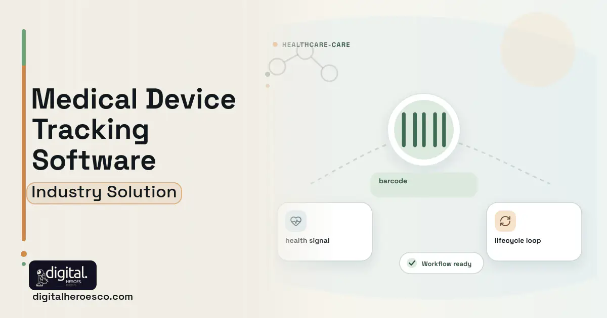 Medical Device Tracking software visual showing barcode, health signal, and lifecycle loop.