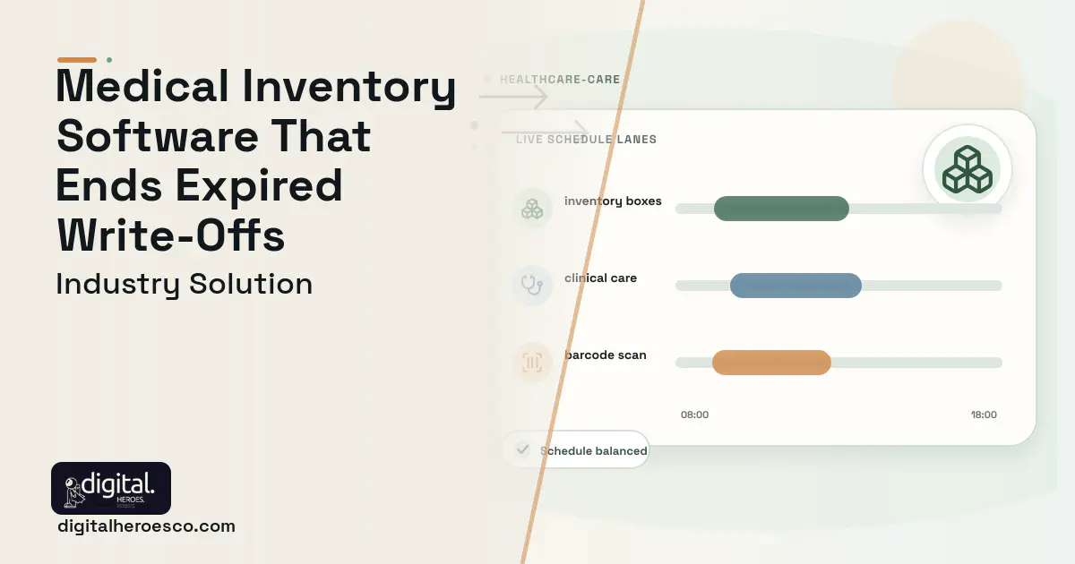 Medical Inventory Management software visual showing inventory boxes, clinical care, and barcode scan.
