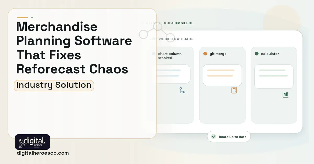 Merchandise Financial Planning software visual showing chart column stacked, git merge, and calculator.
