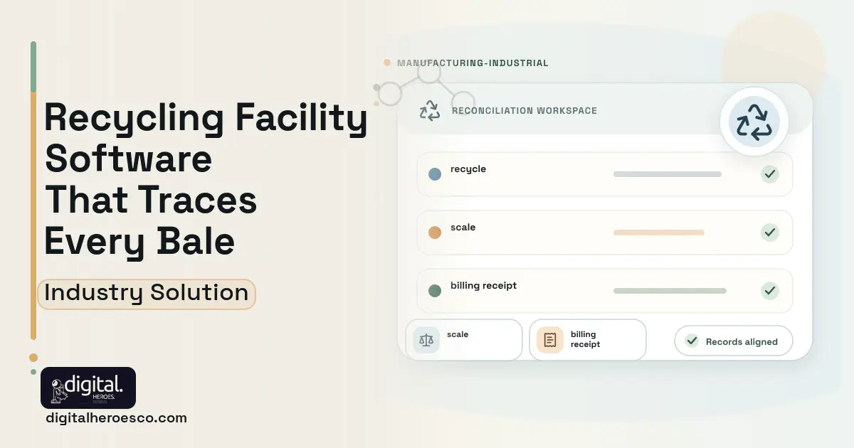 Recycling Facility software visual showing recycle, scale, and billing receipt.