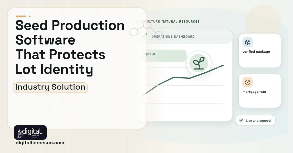 Seed Production Management software visual showing sprout, verified package, and mortgage rate.