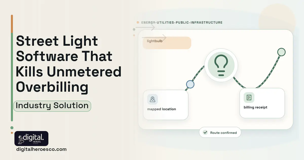 Street Lighting Management software visual showing lightbulb, mapped location, and billing receipt.