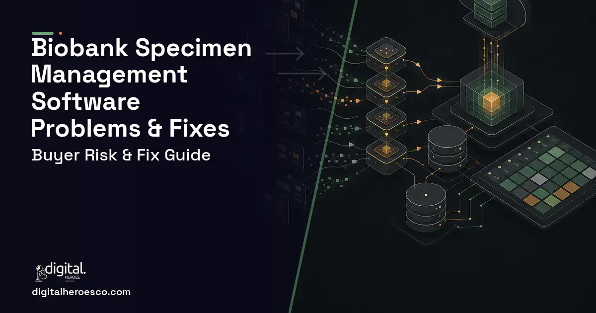 Biobank Specimen Management Software workflow illustration showing common problems and fixes.