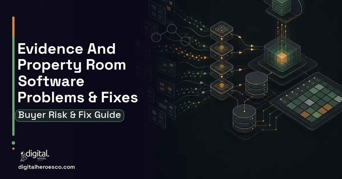 Evidence AND Property Room Software workflow illustration showing common problems and fixes.