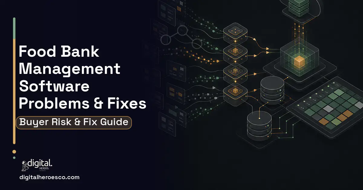 Food Bank Management Software workflow illustration showing common problems and fixes.