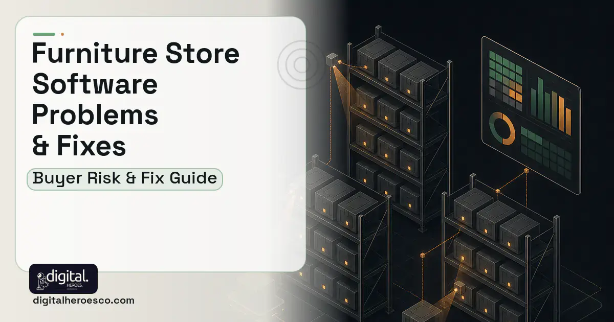 Furniture Store Software software overview illustration showing common problems and fixes.