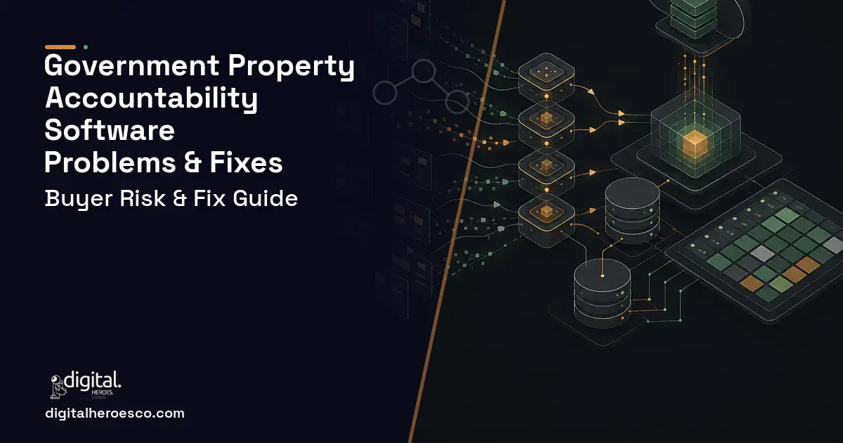 Government Property Accountability Software workflow illustration showing common problems and fixes.