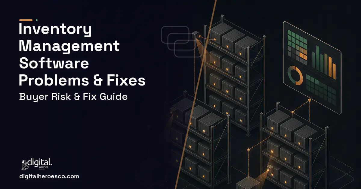 Inventory Management Software software overview illustration showing common problems and fixes.
