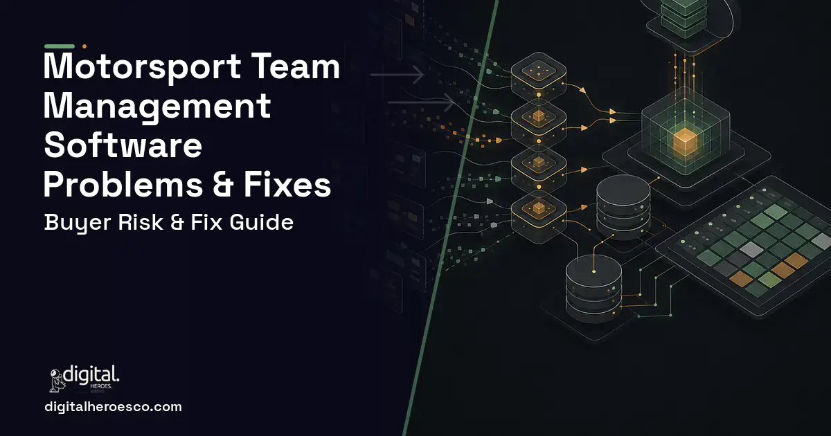 Motorsport Team Management Software workflow illustration showing common problems and fixes.