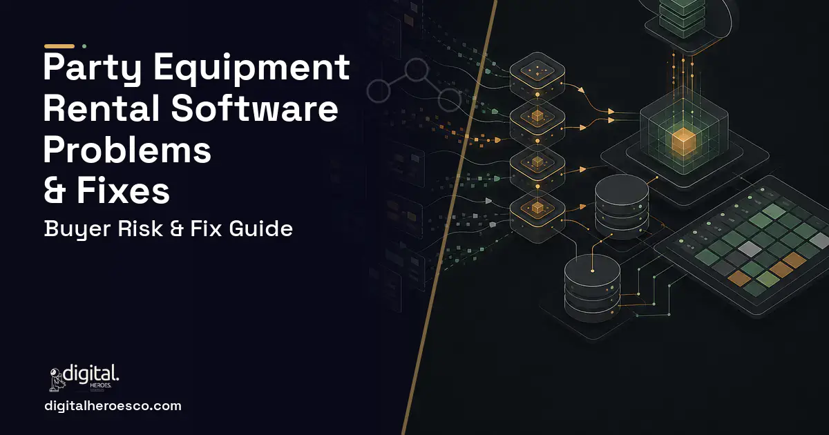 Party Equipment Rental Software workflow illustration showing common problems and fixes.