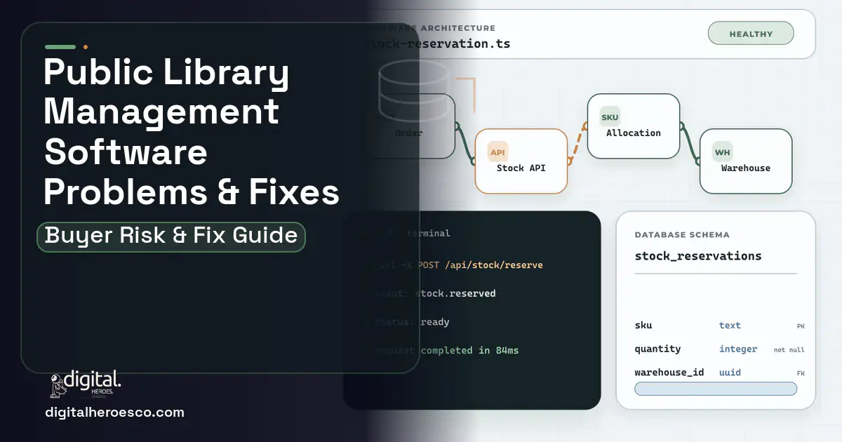 Public Library Management Software architecture and database illustration showing common problems and fixes.