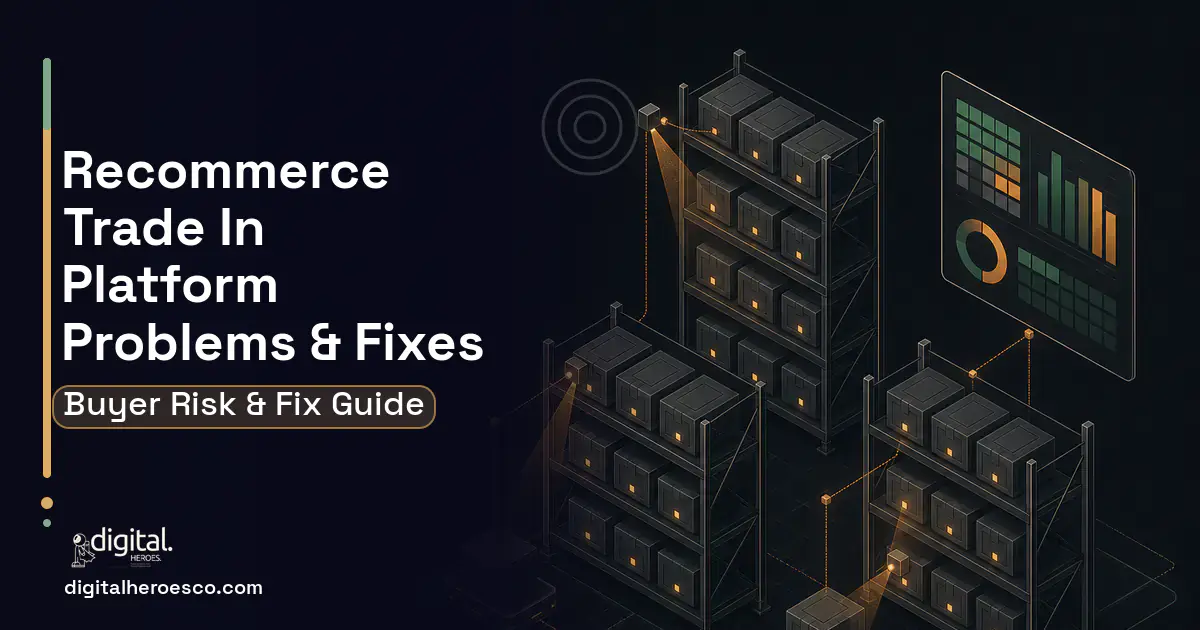 Recommerce Trade IN Platform software overview illustration showing common problems and fixes.