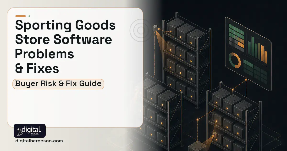 Sporting Goods Store Software software overview illustration showing common problems and fixes.