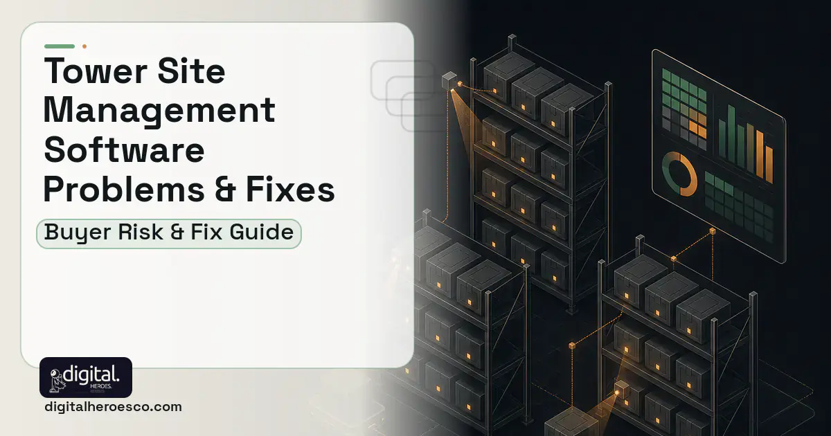 Tower Site Management Software software overview illustration showing common problems and fixes.
