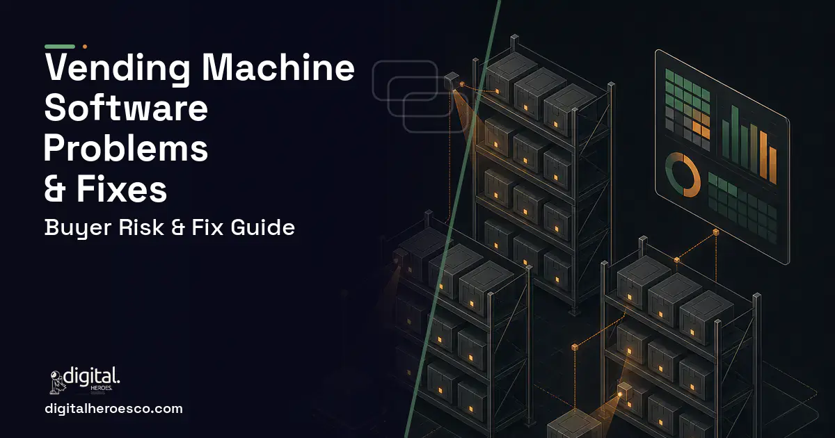 Vending Machine Software software overview illustration showing common problems and fixes.