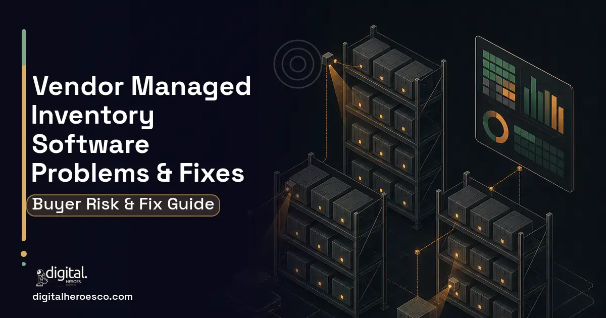 Vendor Managed Inventory Software software overview illustration showing common problems and fixes.