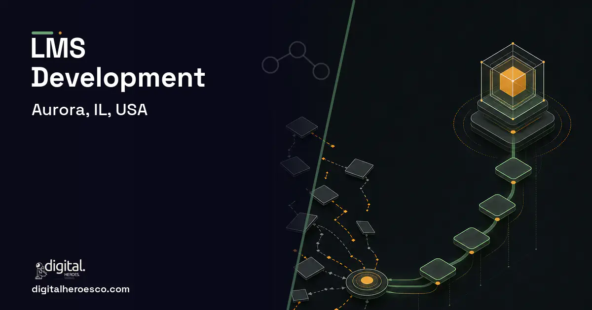 LMS Development workflow illustration for Aurora, IL, USA.