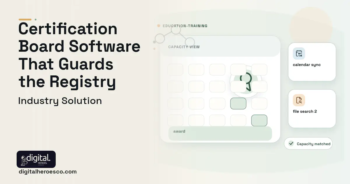 Certification Body Management software visual showing award, calendar sync, and file search 2.