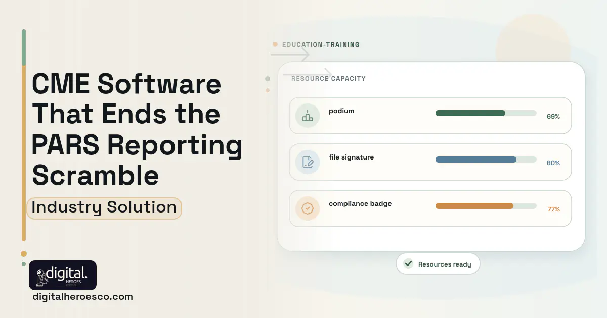 Continuing Medical Education software visual showing podium, file signature, and compliance badge.