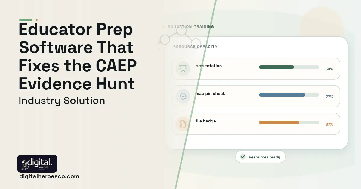 Educator Preparation Program Management software visual showing presentation, map pin check, and file badge.