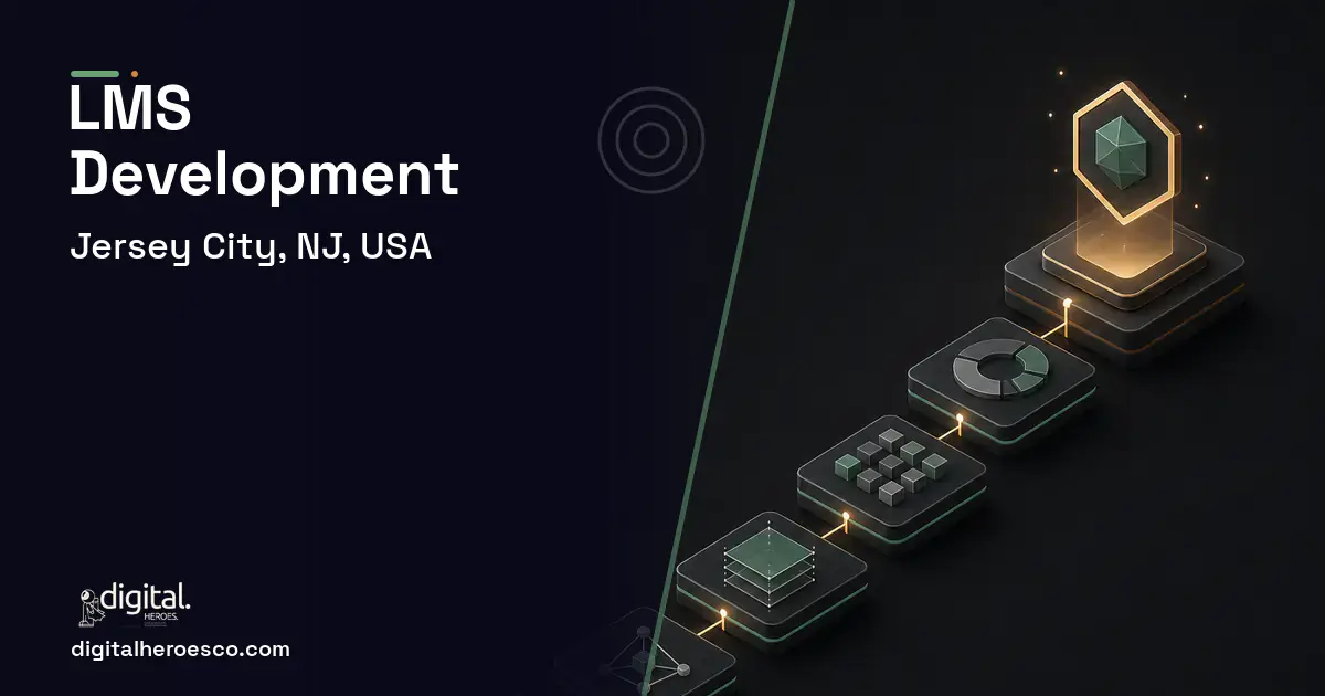 LMS Development software overview illustration for Jersey City, NJ, USA.