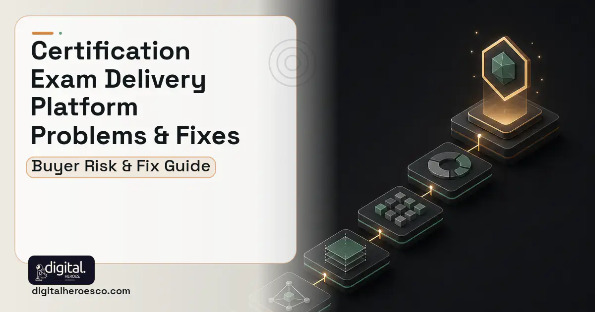 Certification Exam Delivery Platform software overview illustration showing common problems and fixes.