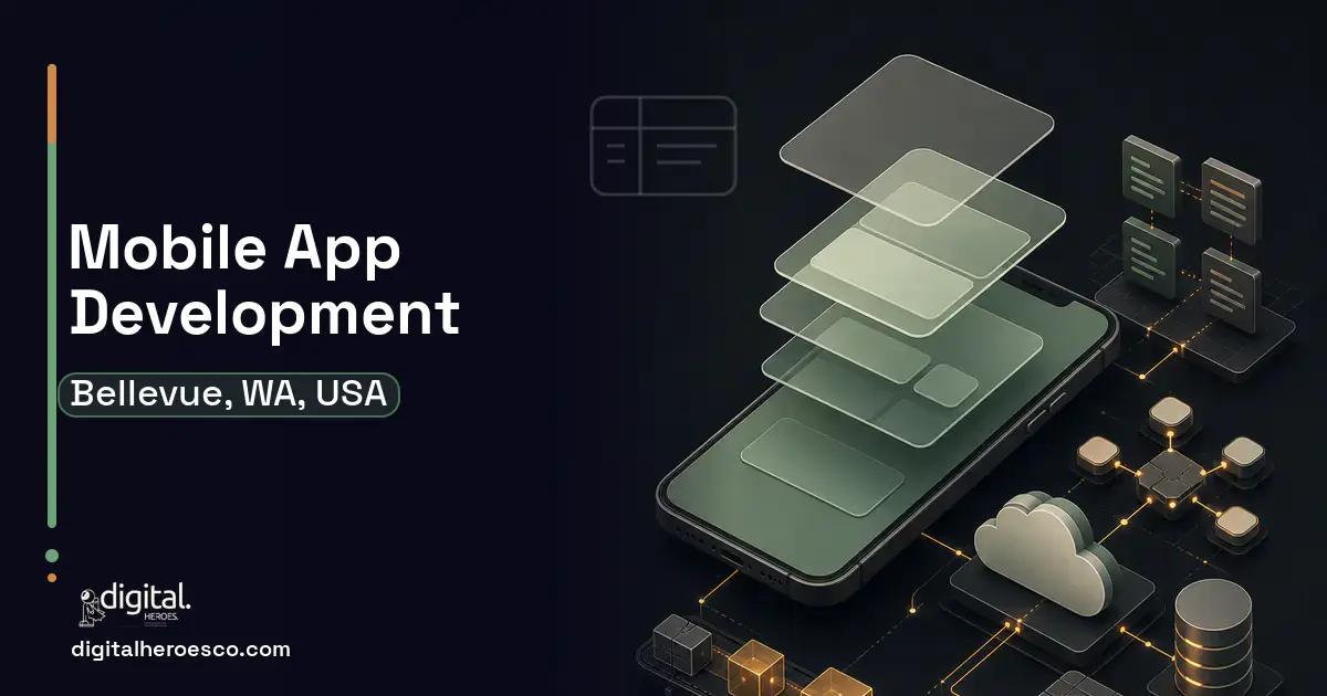 Mobile App Development product interface illustration for Bellevue, WA, USA.