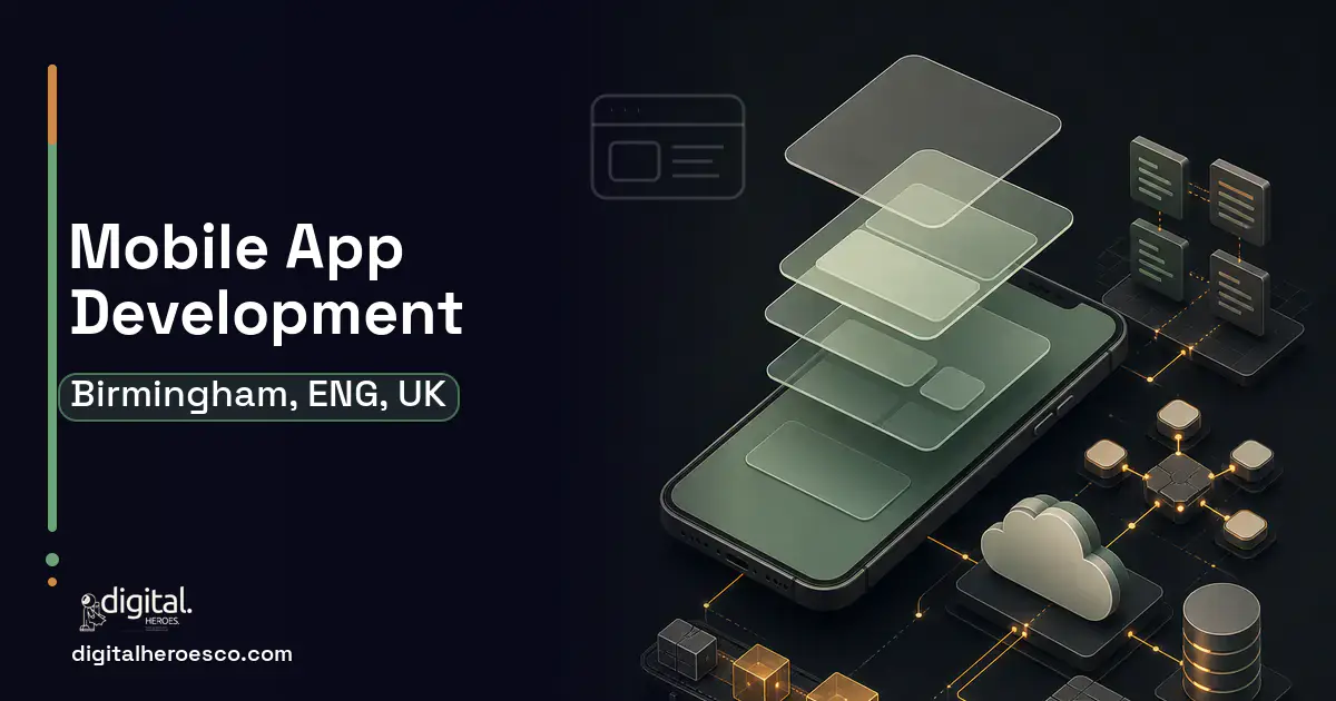Mobile App Development product interface illustration for Birmingham, ENG, UK.