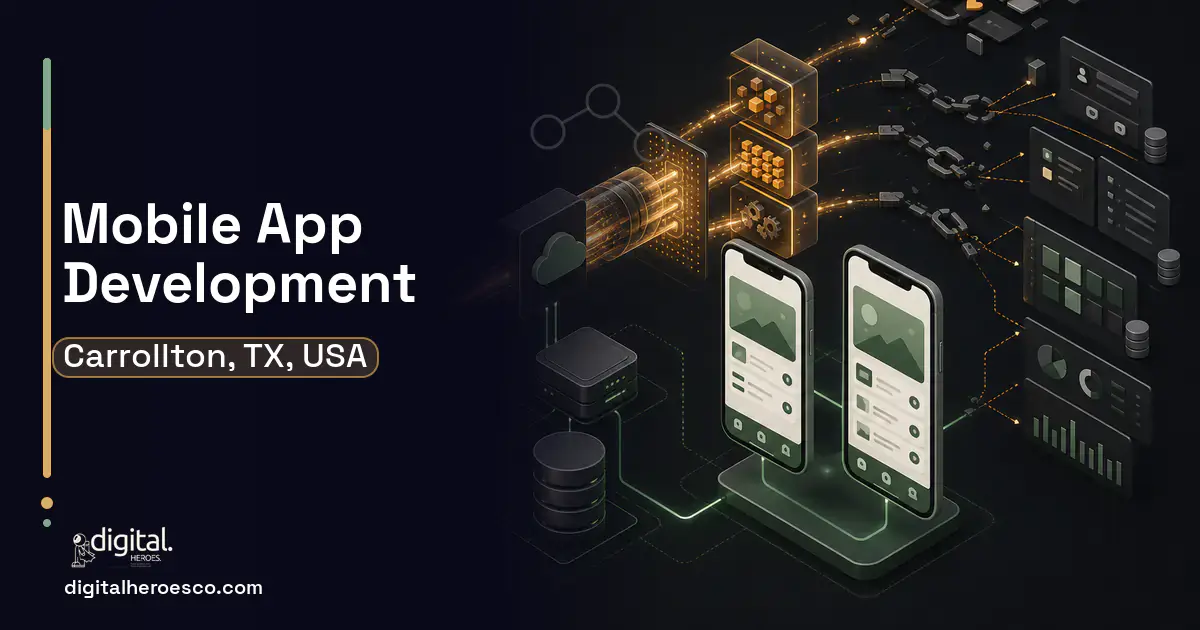 Mobile App Development workflow illustration for Carrollton, TX, USA.