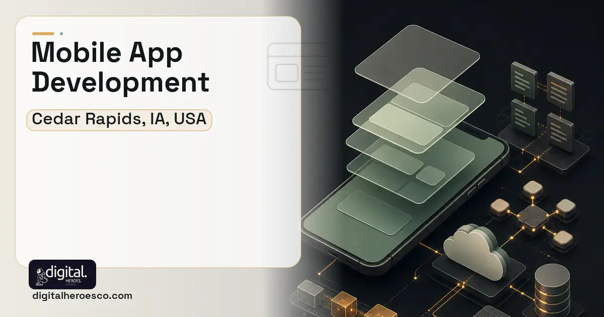 Mobile App Development product interface illustration for Cedar Rapids, IA, USA.