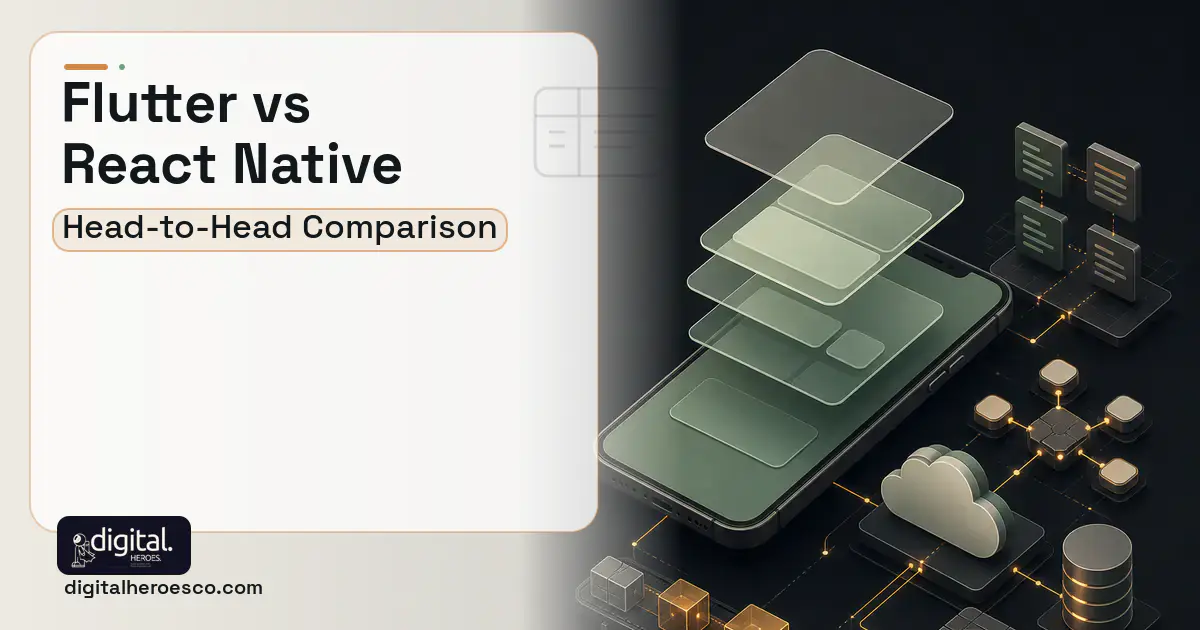 Mobile App Development product interface illustration for Flutter vs React Native.