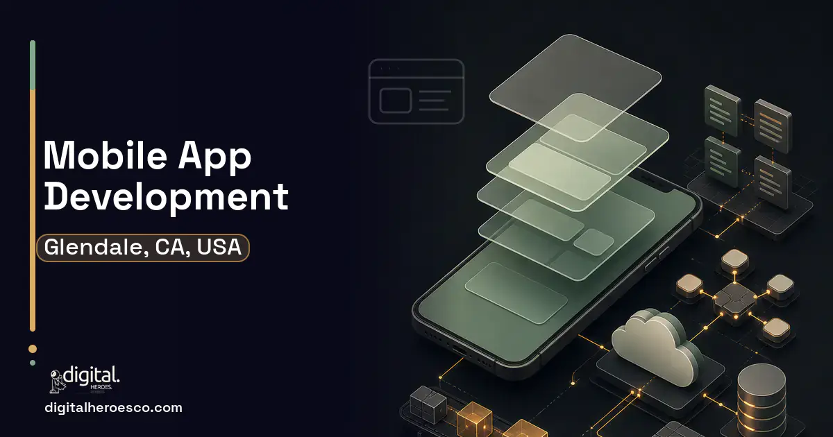 Mobile App Development product interface illustration for Glendale, CA, USA.