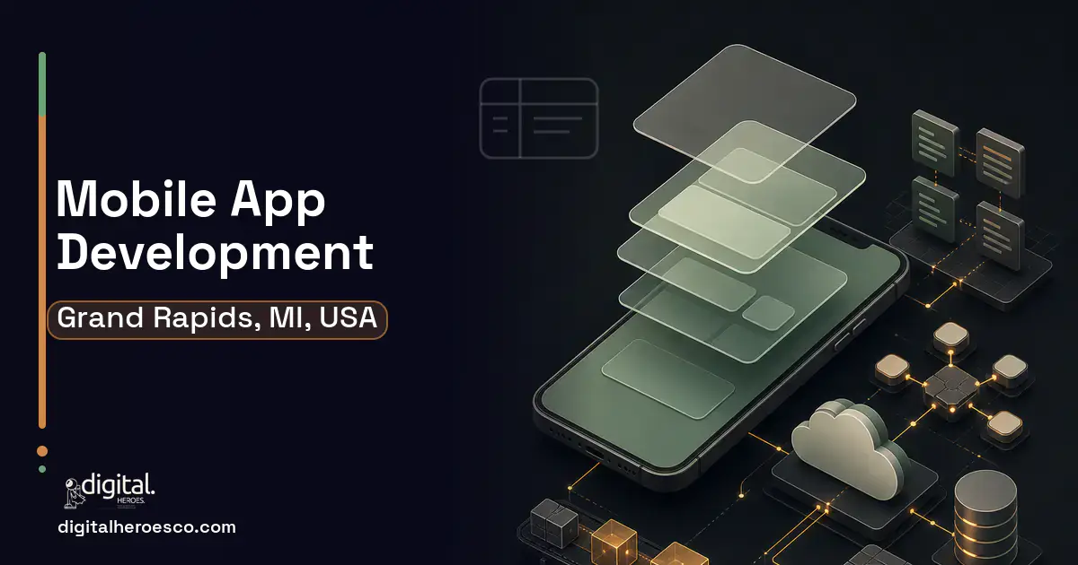Mobile App Development product interface illustration for Grand Rapids, MI, USA.