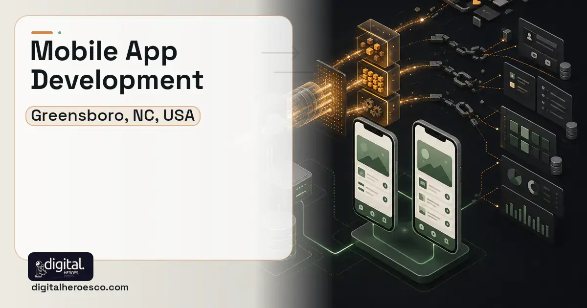 Mobile App Development workflow illustration for Greensboro, NC, USA.