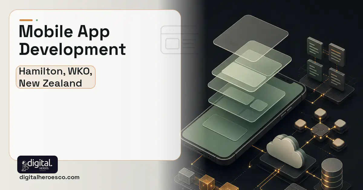 Mobile App Development product interface illustration for Hamilton, WKO, New Zealand.