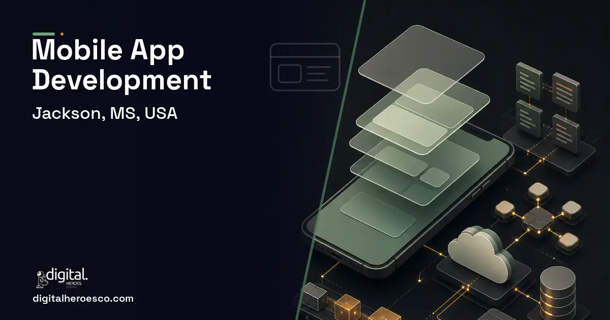 Mobile App Development product interface illustration for Jackson, MS, USA.