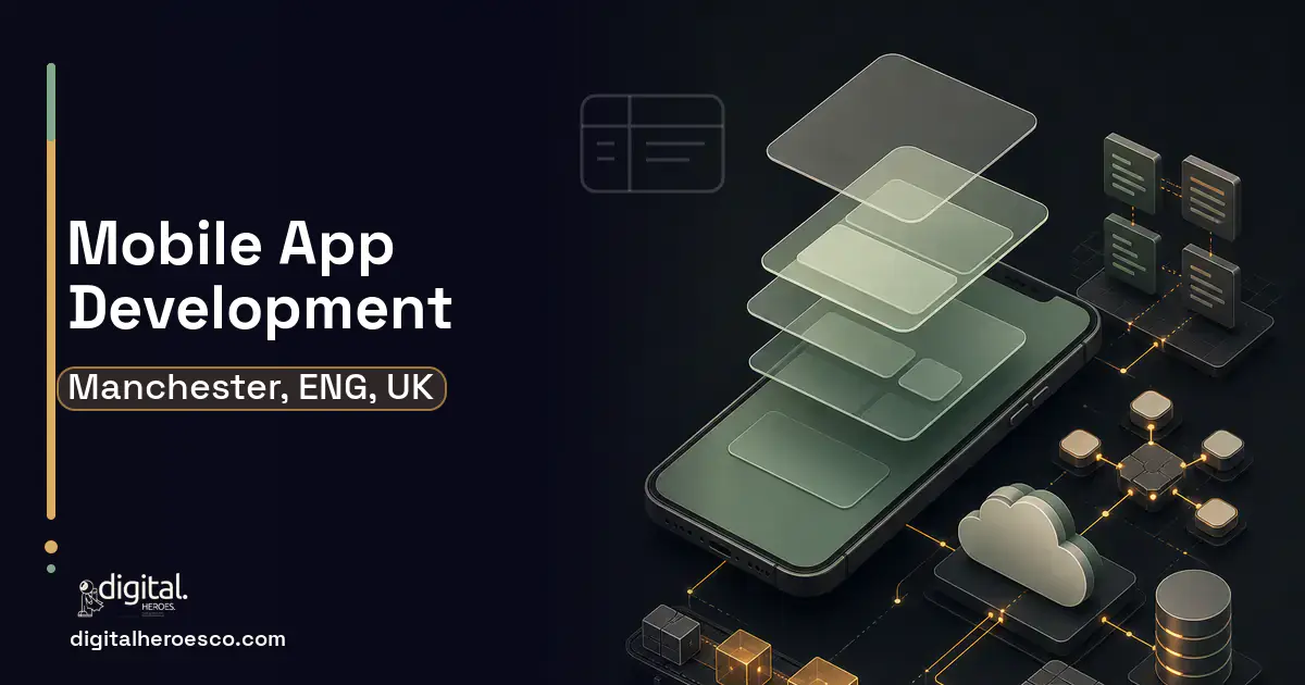 Mobile App Development product interface illustration for Manchester, ENG, UK.