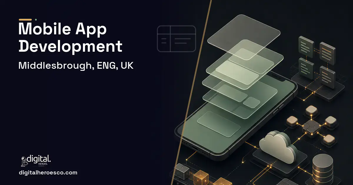 Mobile App Development product interface illustration for Middlesbrough, ENG, UK.