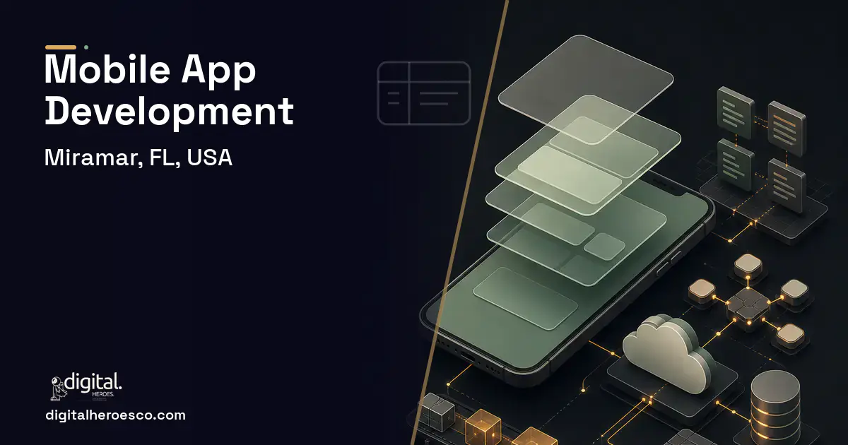 Mobile App Development product interface illustration for Miramar, FL, USA.