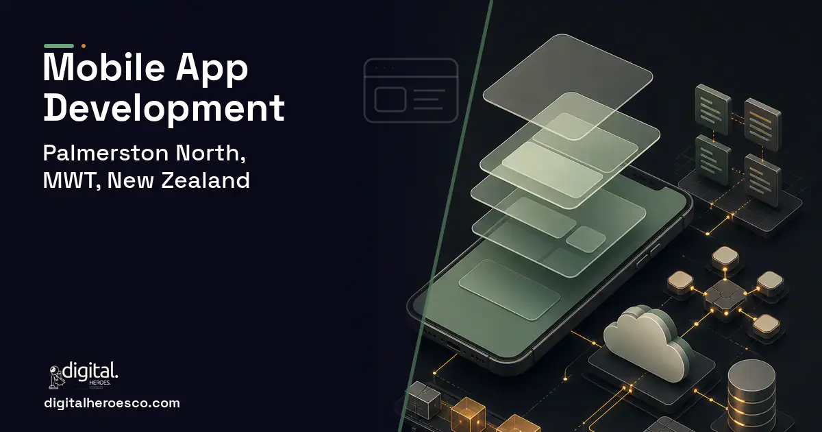 Mobile App Development product interface illustration for Palmerston North, MWT, New Zealand.